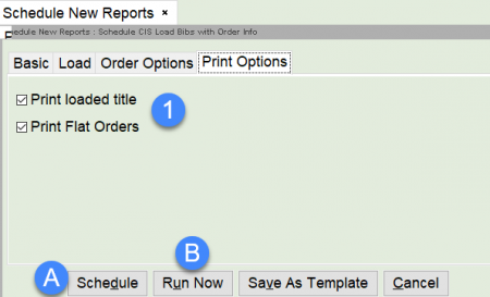 Load Bibs with Order Info report - Print options tab
