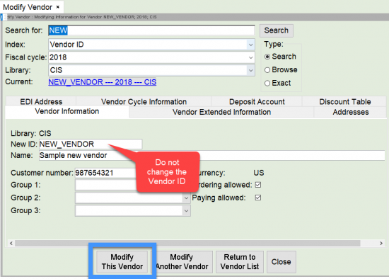 finish by clicking modify this vendor