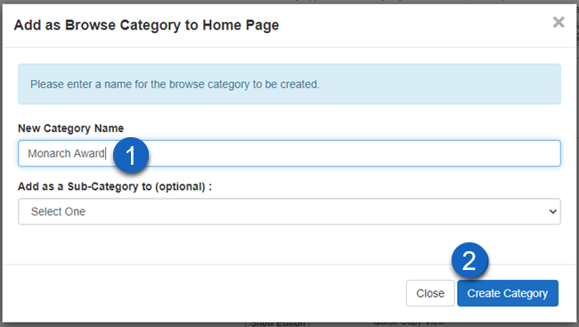 browse category modal with options to name and add as a subcategory to a parent