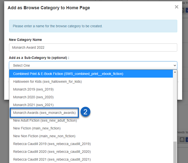dropdown menu to select a parent browse category