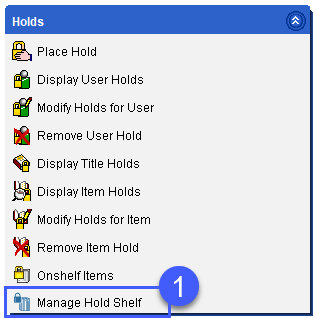 manage hold shelf wizard link in the WorkFlows Holds menu