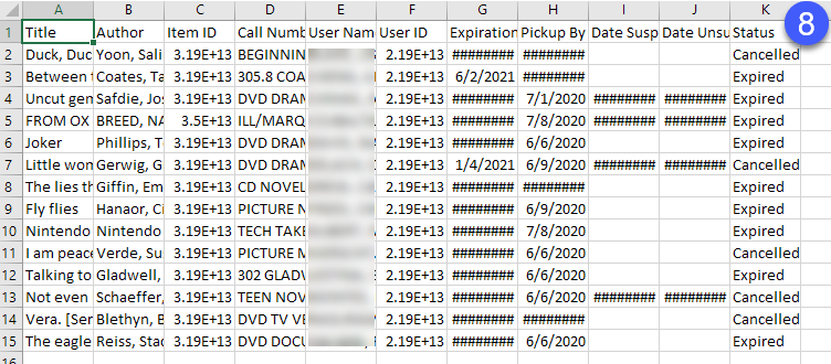 excel spreadsheet of hold shelf report
