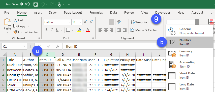 excel spreadsheet with Item ID Column selected and format dropdown with Number selected