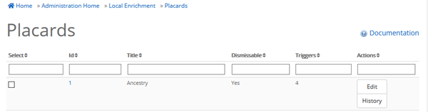 options to sort placards in the administration screen