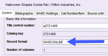 Window in WorkFlows showing the Record Format drop down menu in the Control tab of the bibliographic record