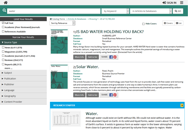 article search results in the catalog