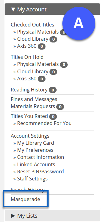 menu options under my account page