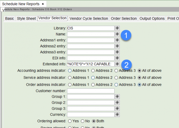 Book X12 Orders report - vendor selection