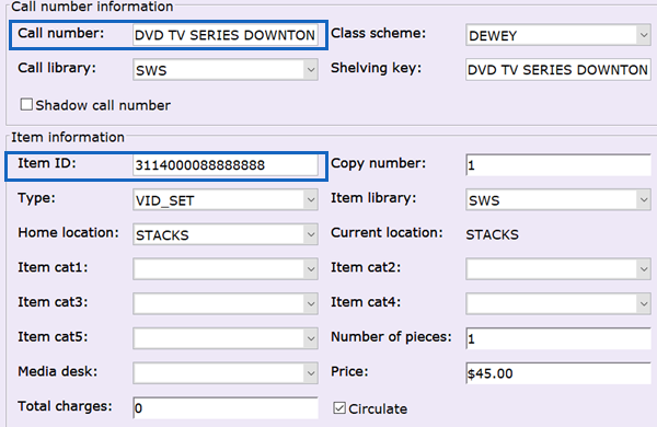 Boxed sets correct call number detail
