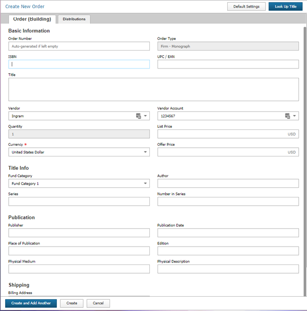 display of order record and default values