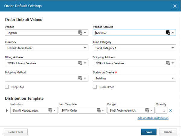 set default vendor values
