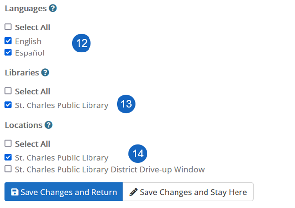 options to select library and languages for which the placard should appear