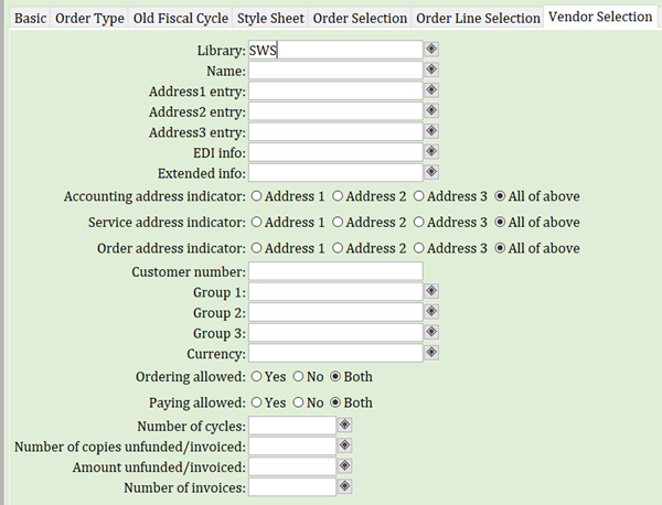 Rollover basic orders - vendor selection tab