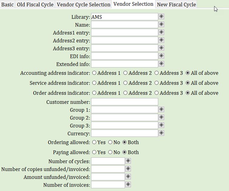 Rollover vendor cycles - vendor selection tab