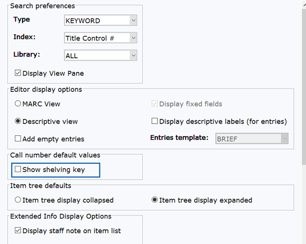 The show shelving key is a checkbox below the Call number default values section of the preferences menu