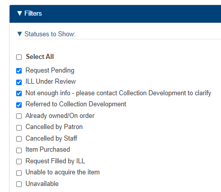 staff filter options to show statuses