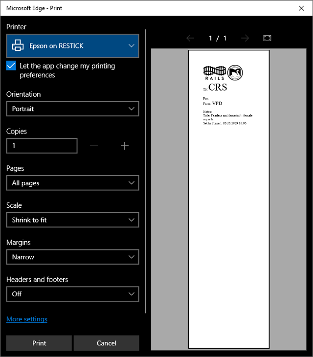 print settings in Edge