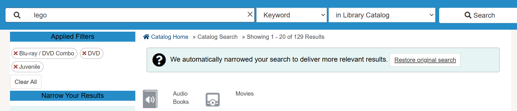 information alert with button to restore original search