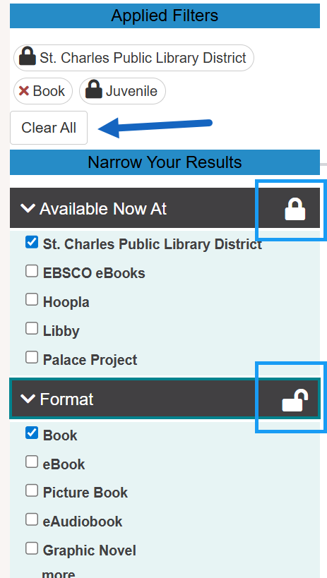 lock and unlock icons next to filter options in the catalog