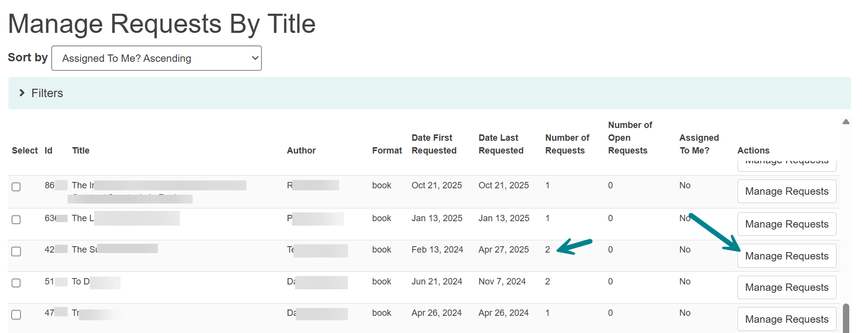 manage requests by title screen in Aspen administration