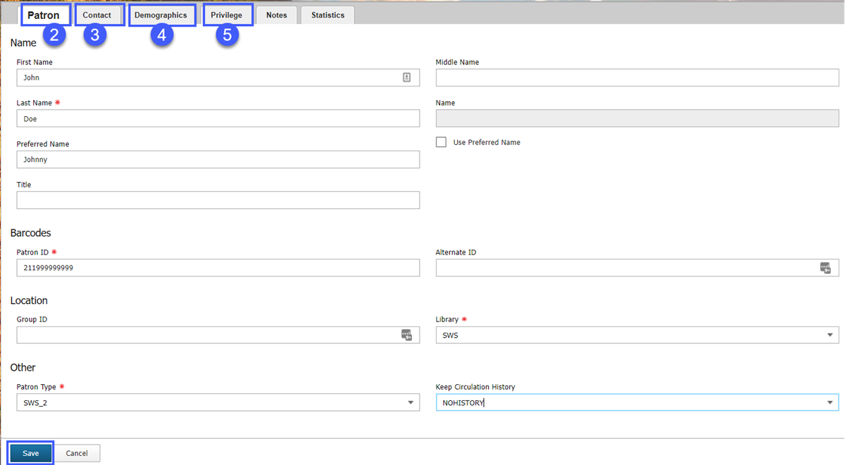 BLUEcloud Circulation registration screen