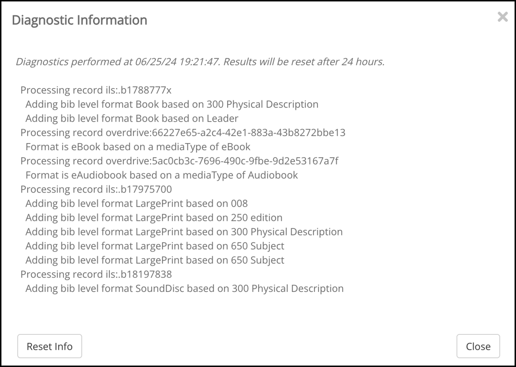 Diagnostic information for assigning format to items within a record group.
