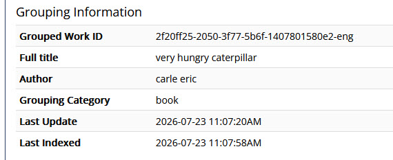 Grouping information data includes grouped work ID, full title, author, grouping category, last update date, and last indexed date.