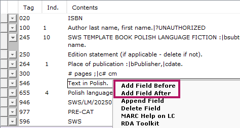 The top two options in the menu include "Add field before" and "Add field after," using the field you right-clicked into as the starting point.