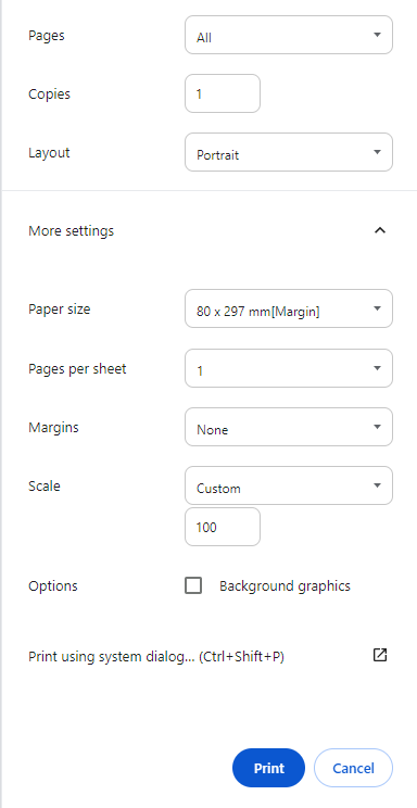 Screen shot of print dialog box